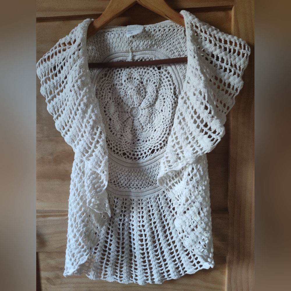 Icing Women's Cream Crochet Knit Grandma Core Sweater Cardigan Vest | Small